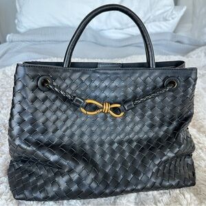 Black Woven Leather Tote with Gold Knot Accent